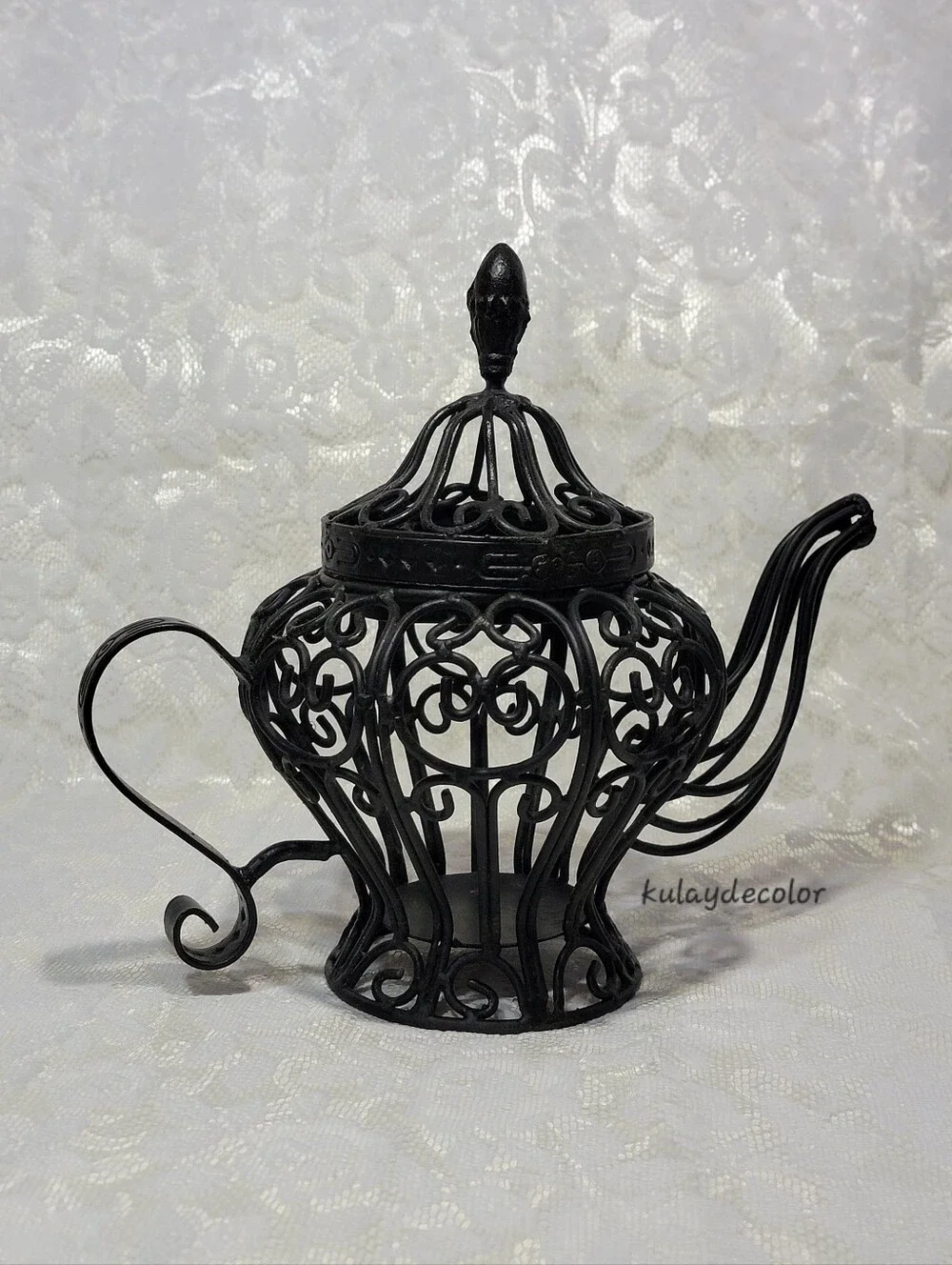 Filigree Style Wrought Iron Teapot Lantern Candle Holder Black Scroll Home Decor